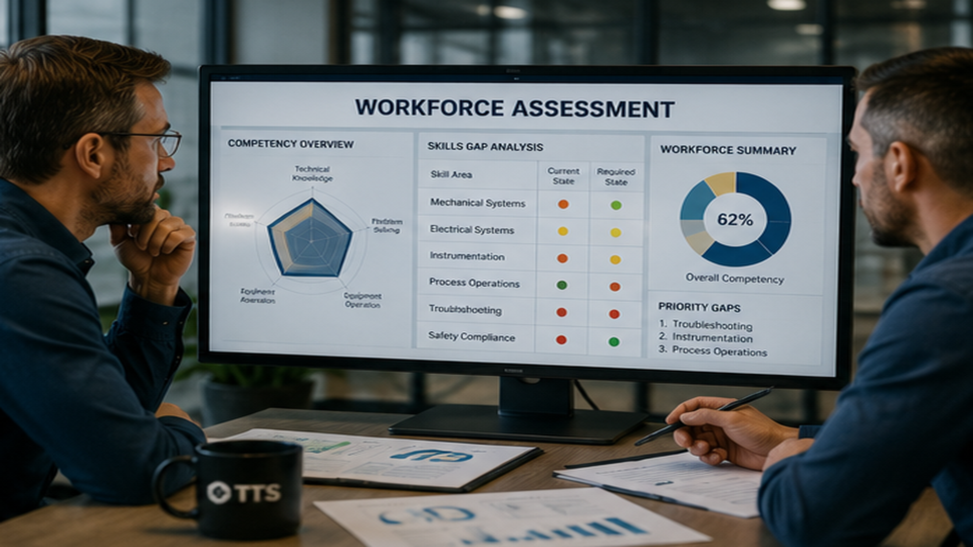 Technical workforce assessment evaluating employee competencies, skills gaps, and workforce readiness in an industrial facility.