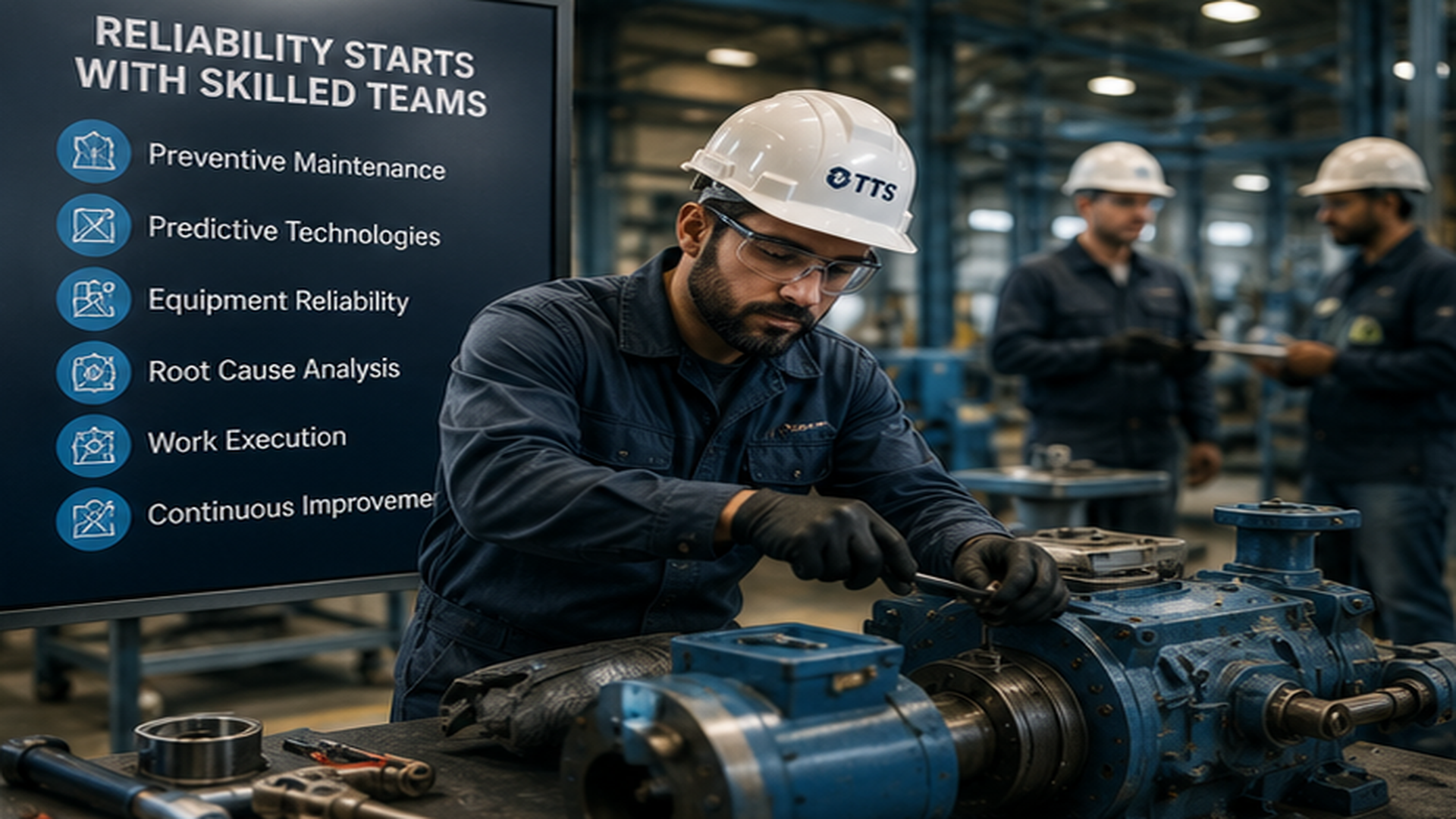 Maintenance workforce training program focused on reliability improvement, preventive maintenance, troubleshooting, MTTR reduction, and equipment uptime in industrial facilities.
